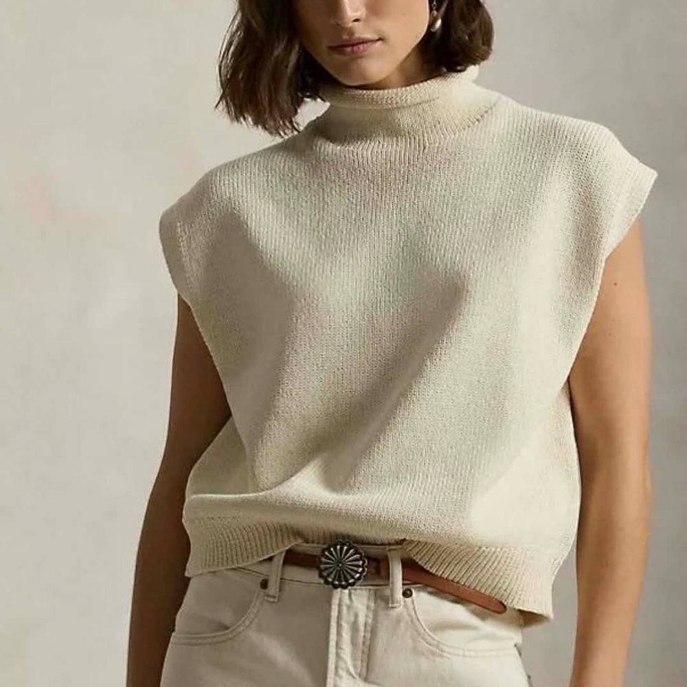Olivaceous Cream Sleeveless Turtleneck Knit Top